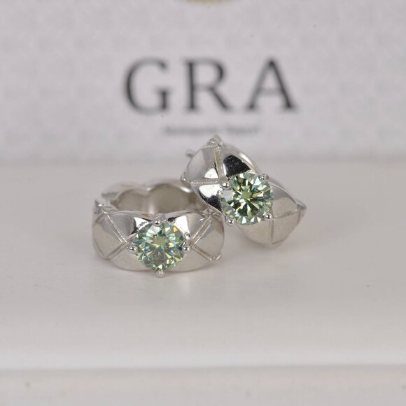 Certified 1ct Blue Green Moissanite Hoop Earrings 925 Sterling - Picture 4 of 8